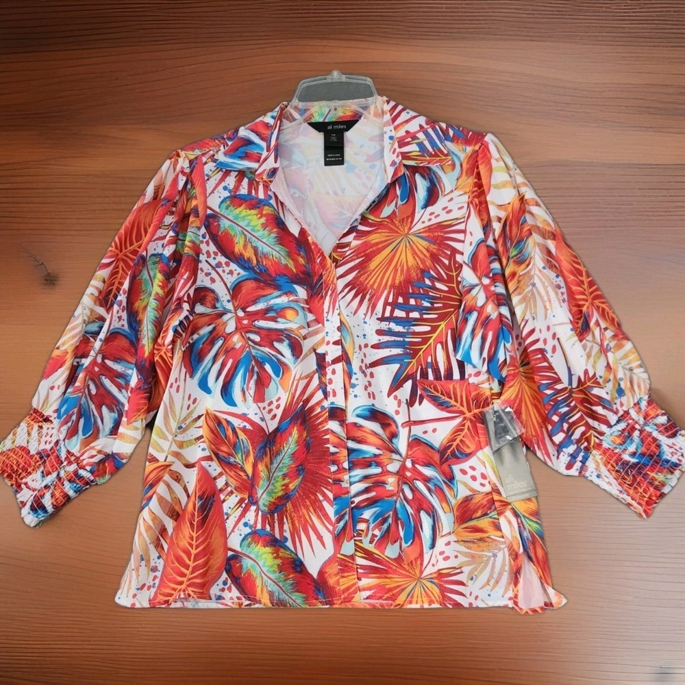 Ali Miles XLP Tropical Beach Wearable Art Floral‎ Blouse Shirt Top Artsy Resort